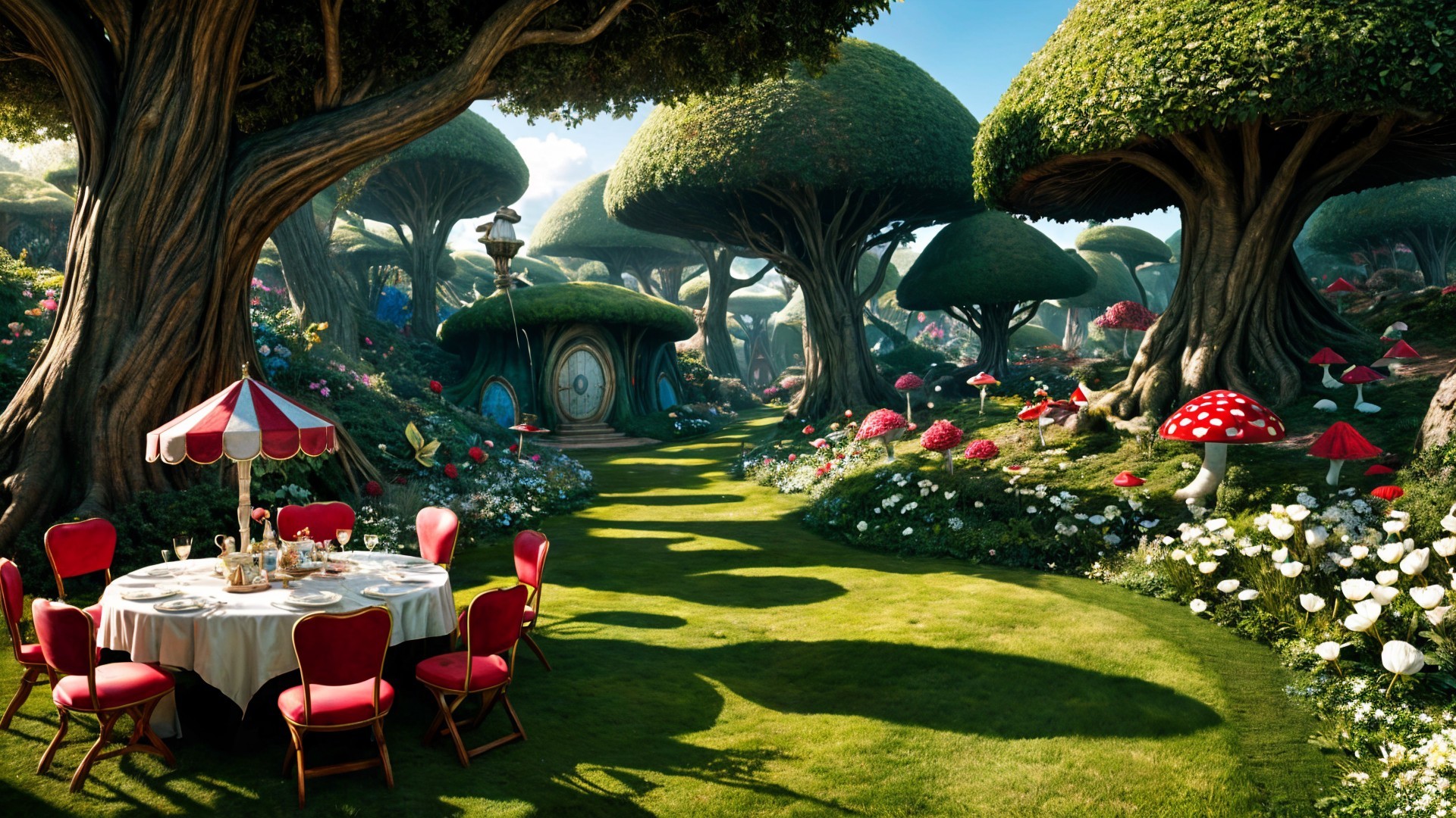 Whimsical garden with oversized trees and cozy dining area