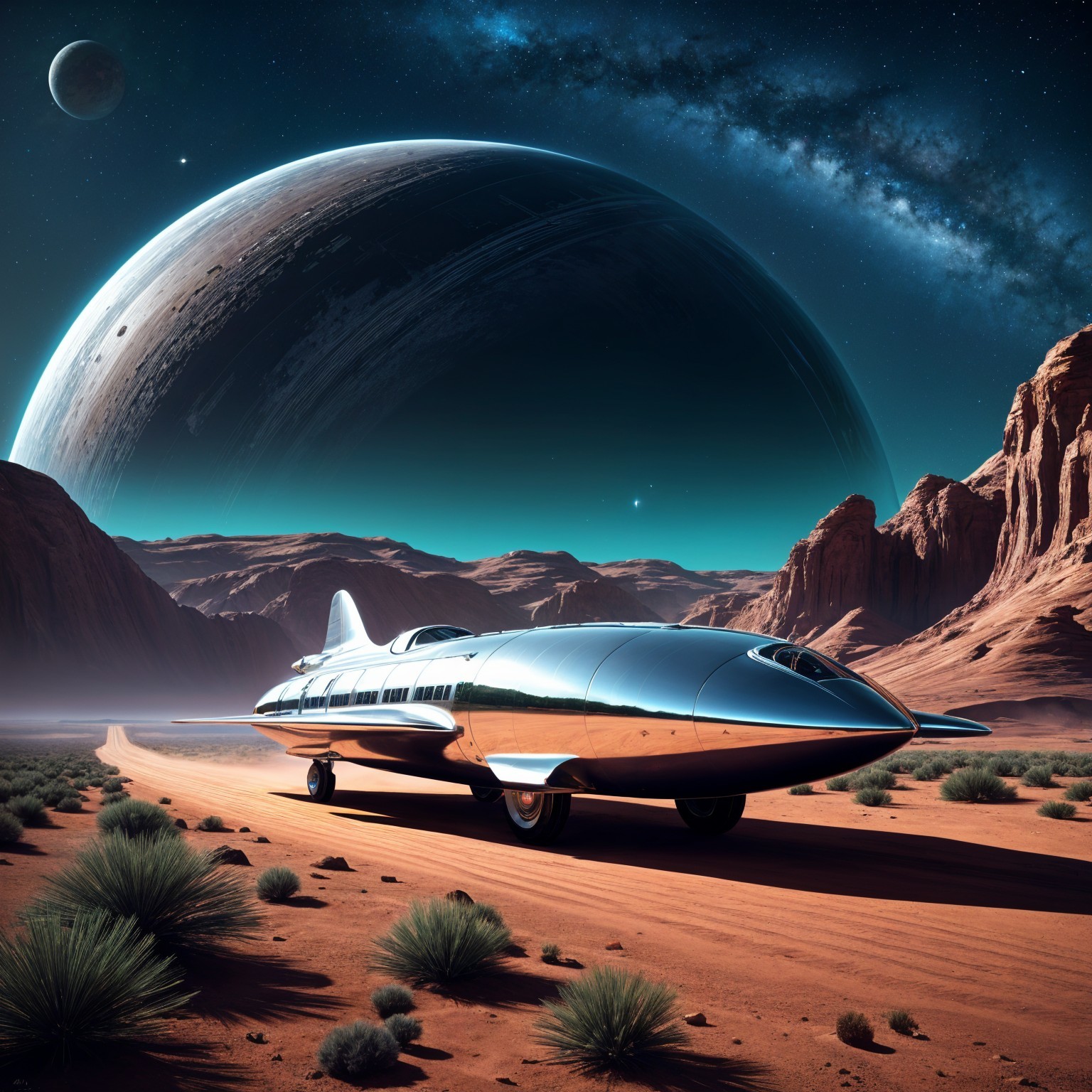 Futuristic spacecraft on a desert landscape at night