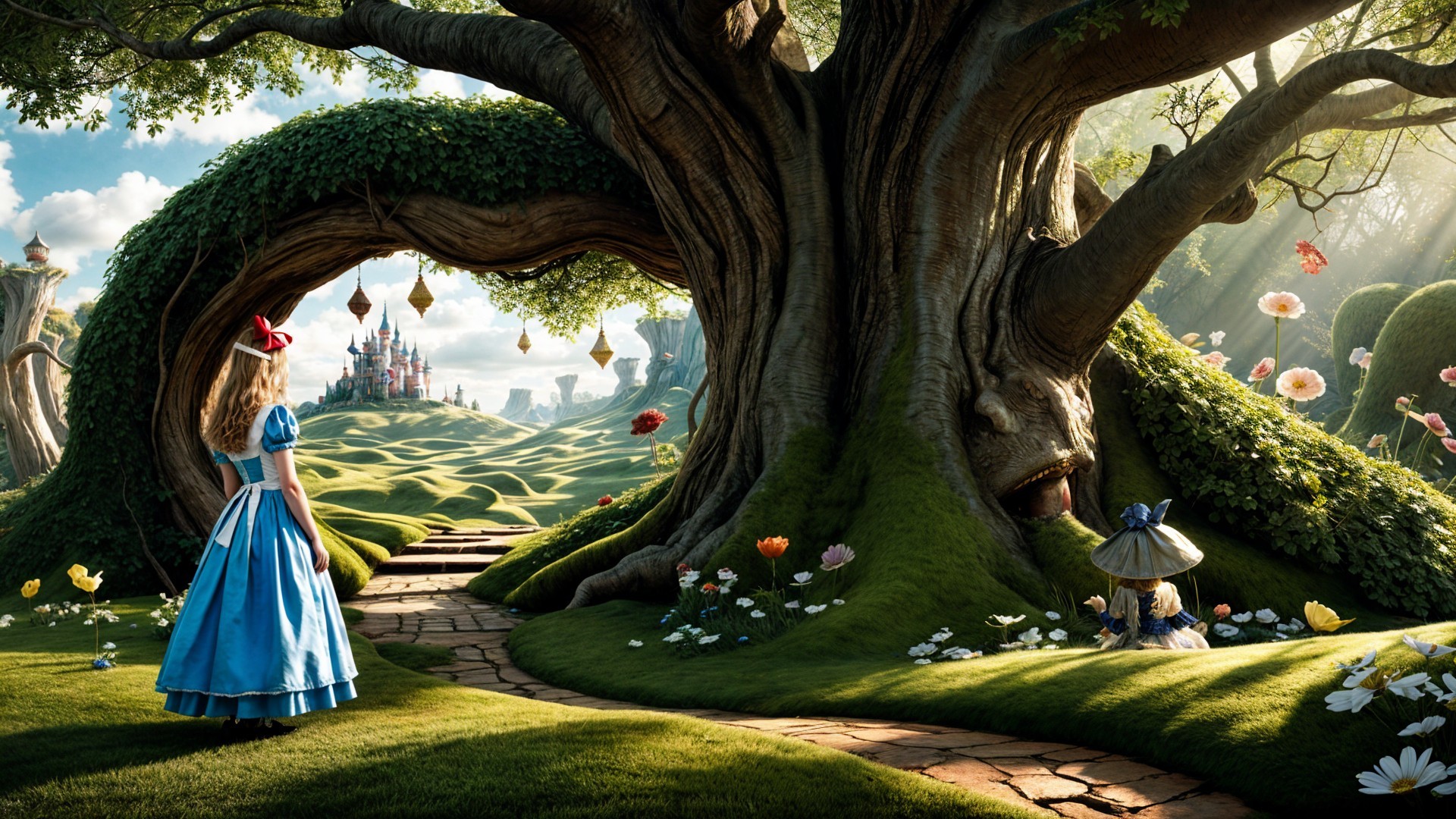 Young girl by a grand tree in a vibrant landscape