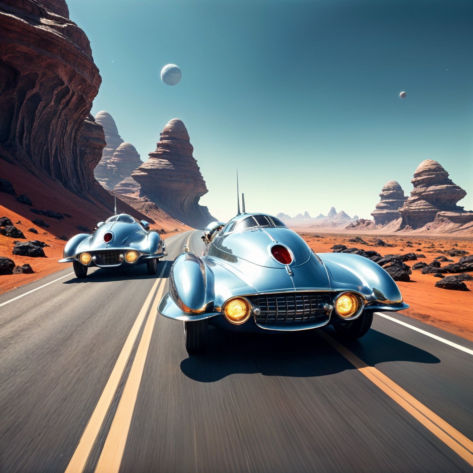 Futuristic cars racing in a surreal desert landscape