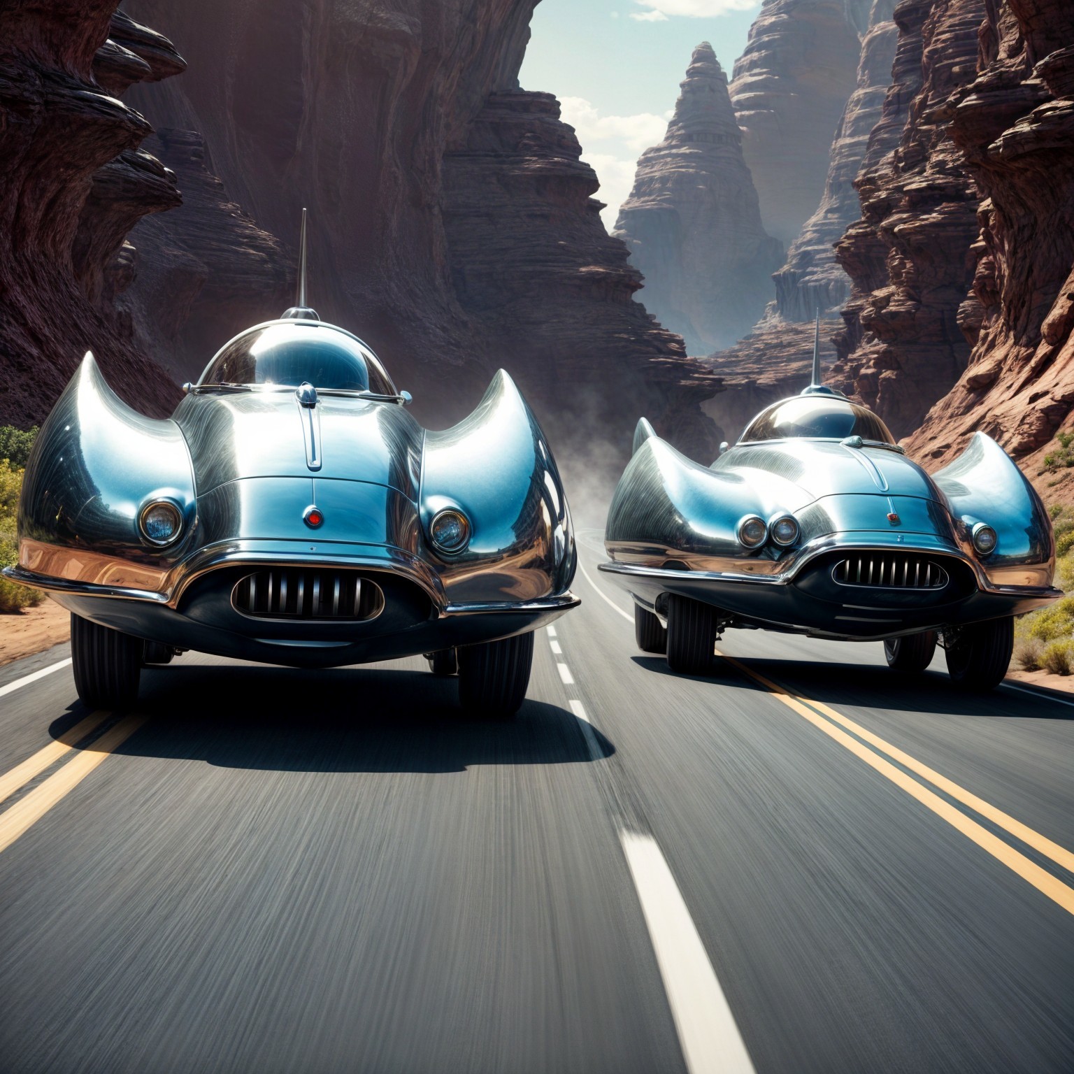 Futuristic Chrome Cars on Winding Road in Red Rocks