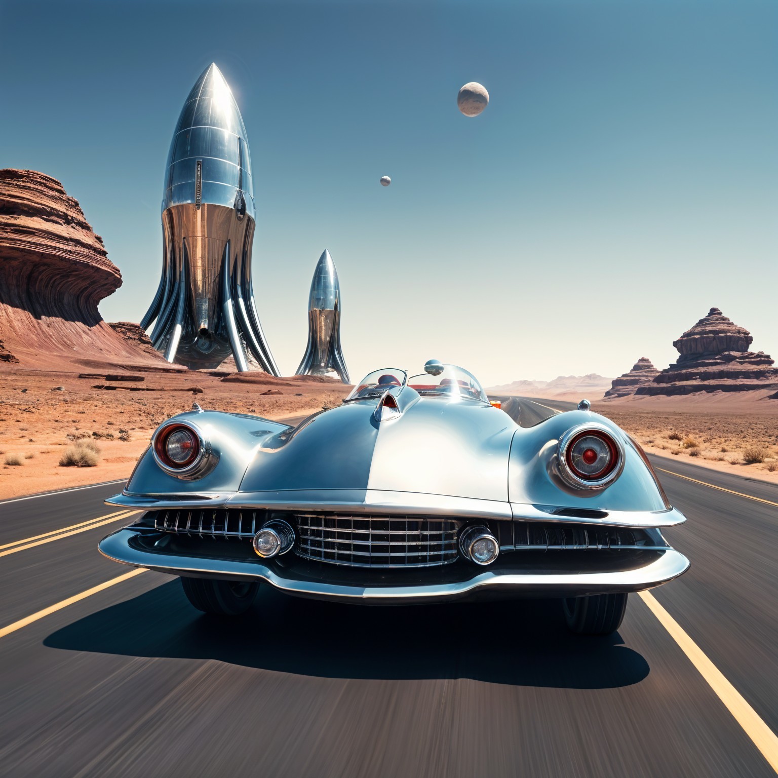 Vintage silver sports car on a futuristic highway scene