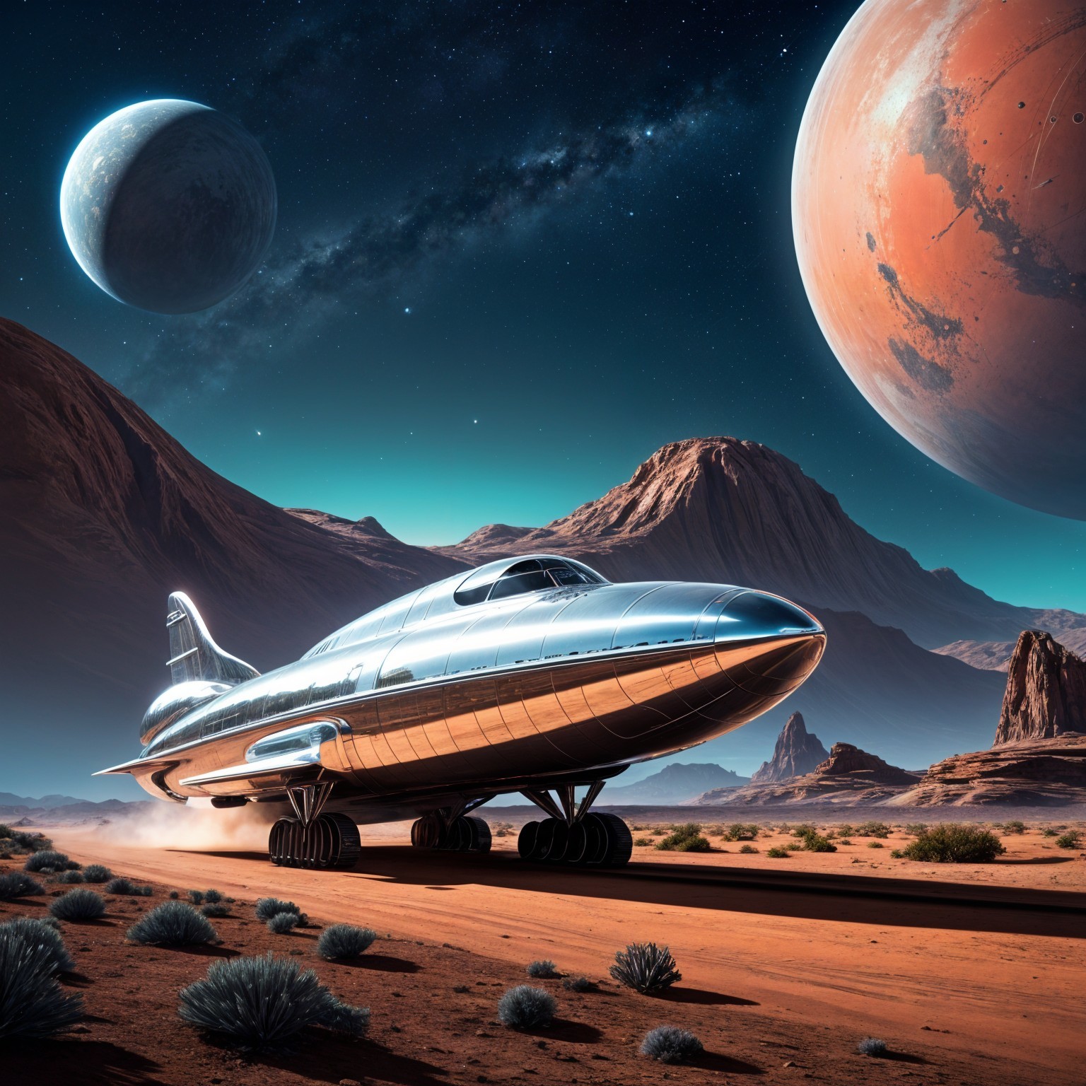 Futuristic spaceship in a desert landscape at night