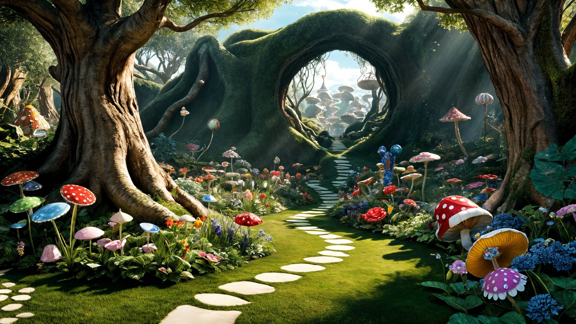 Whimsical Forest Pathway with Ancient Trees and Mushrooms