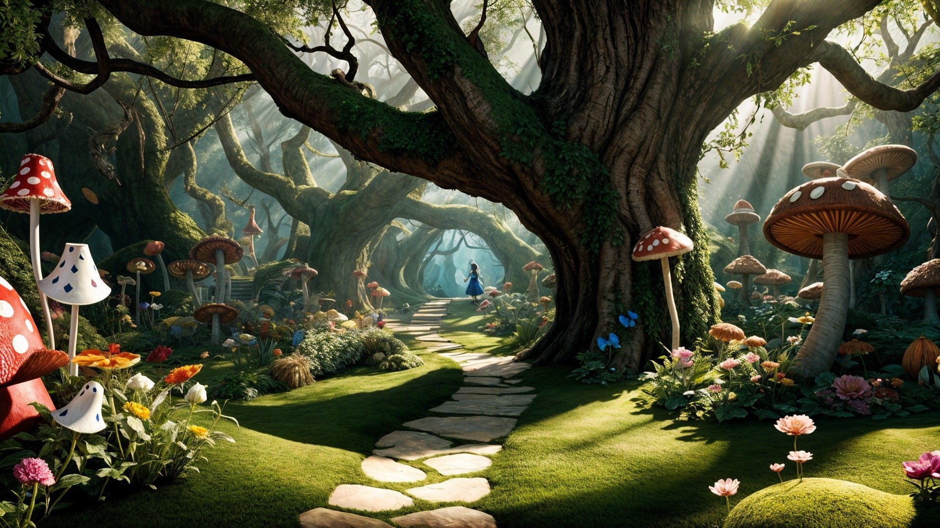 Whimsical Forest Path with Ancient Trees and Mushrooms