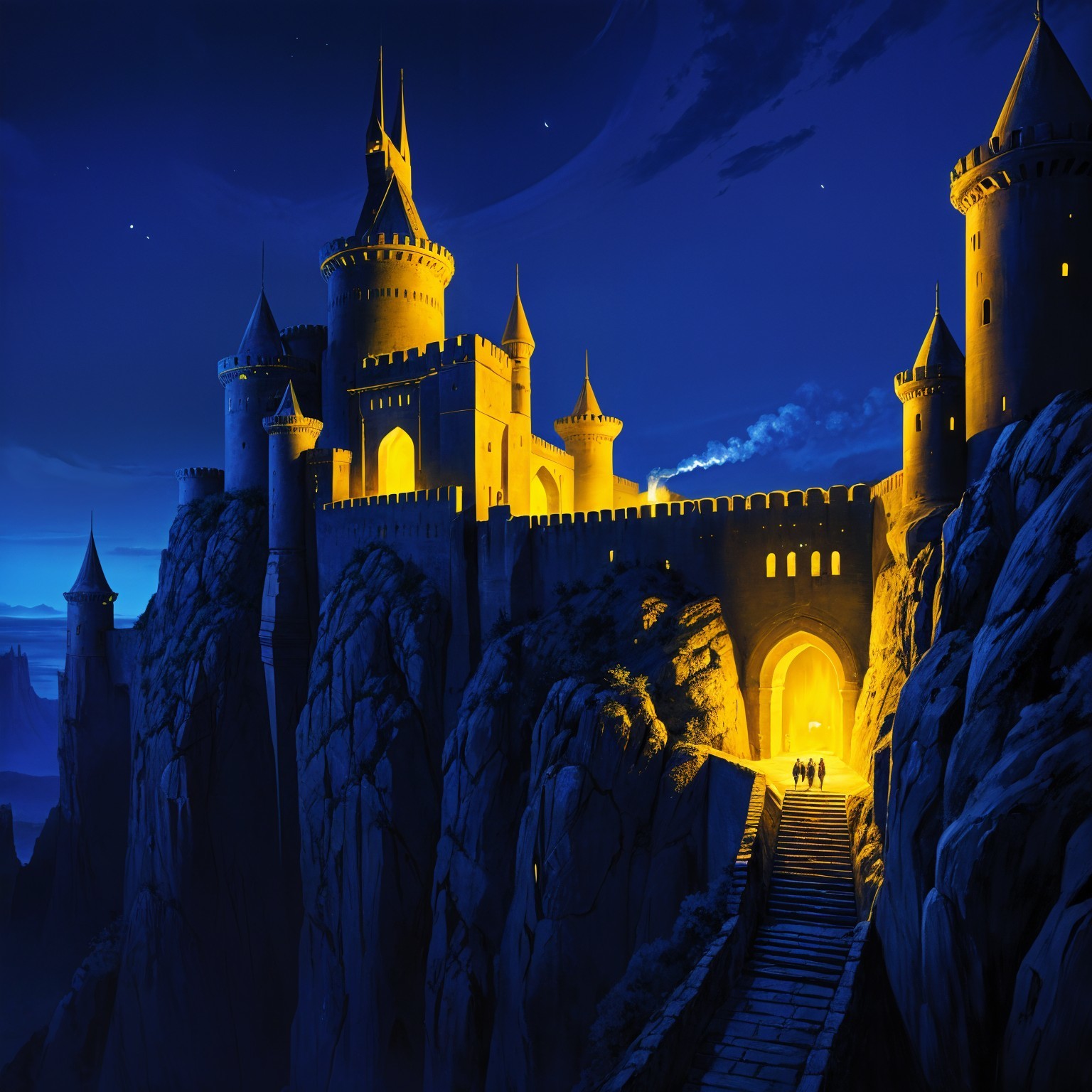 Majestic castle on a cliff under a night sky