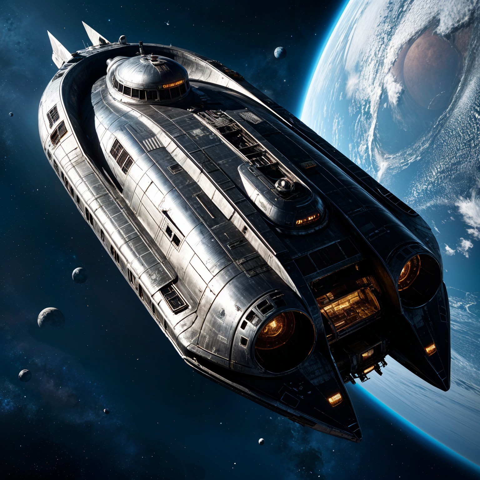 Futuristic spacecraft in cosmic interstellar scene