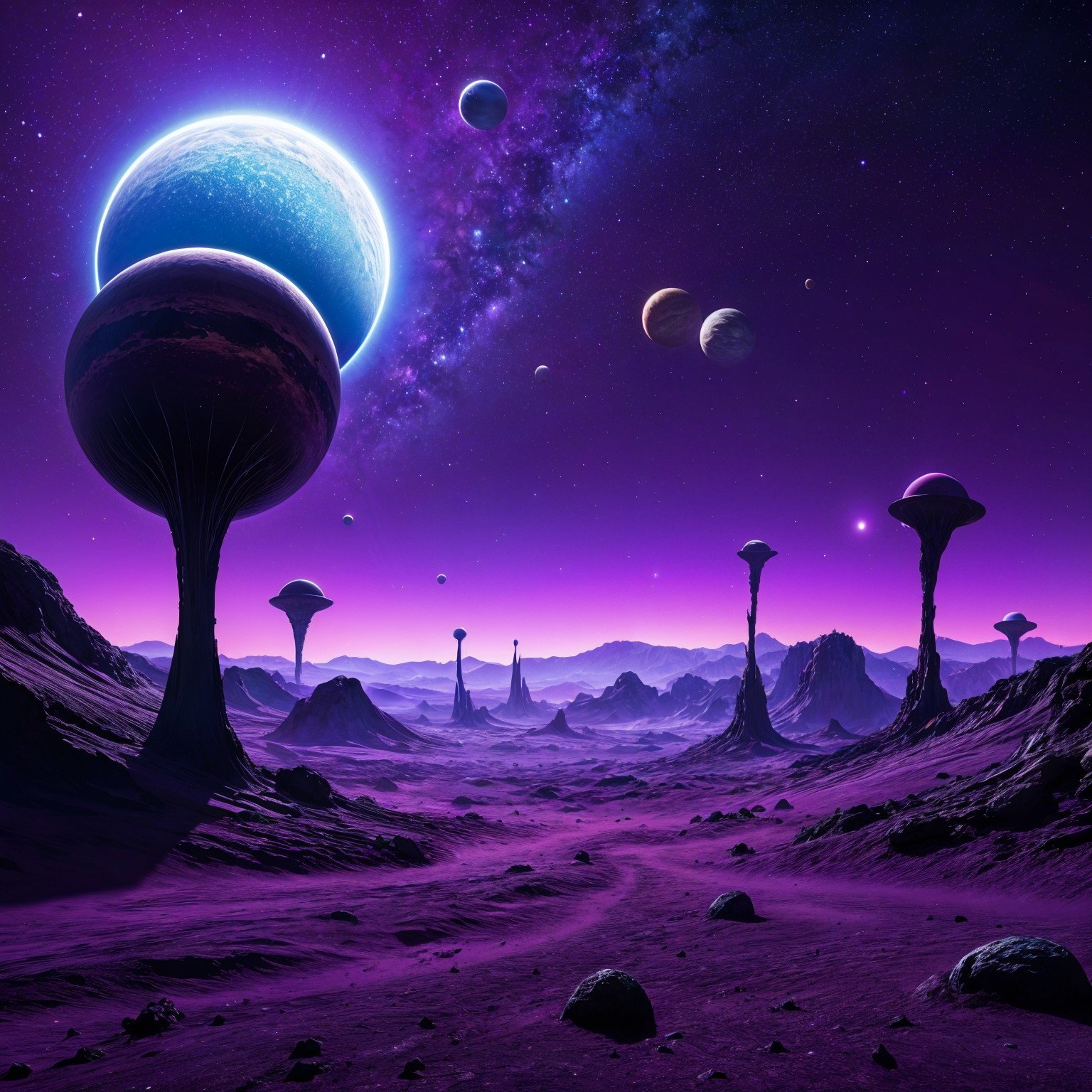 Surreal Alien Landscape with Purple Hues and Planets