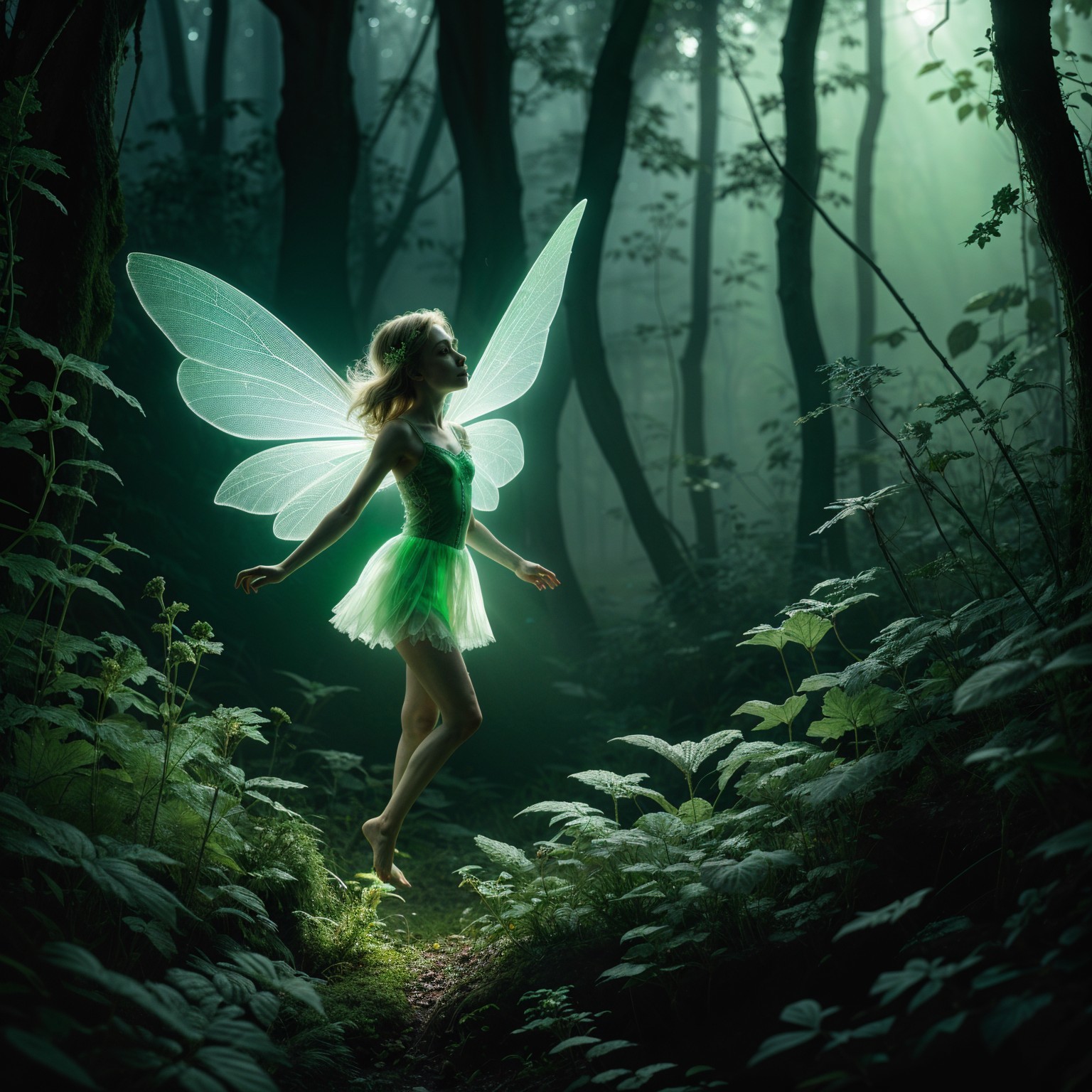 Fairy with Green Wings in Enchanted Forest Setting