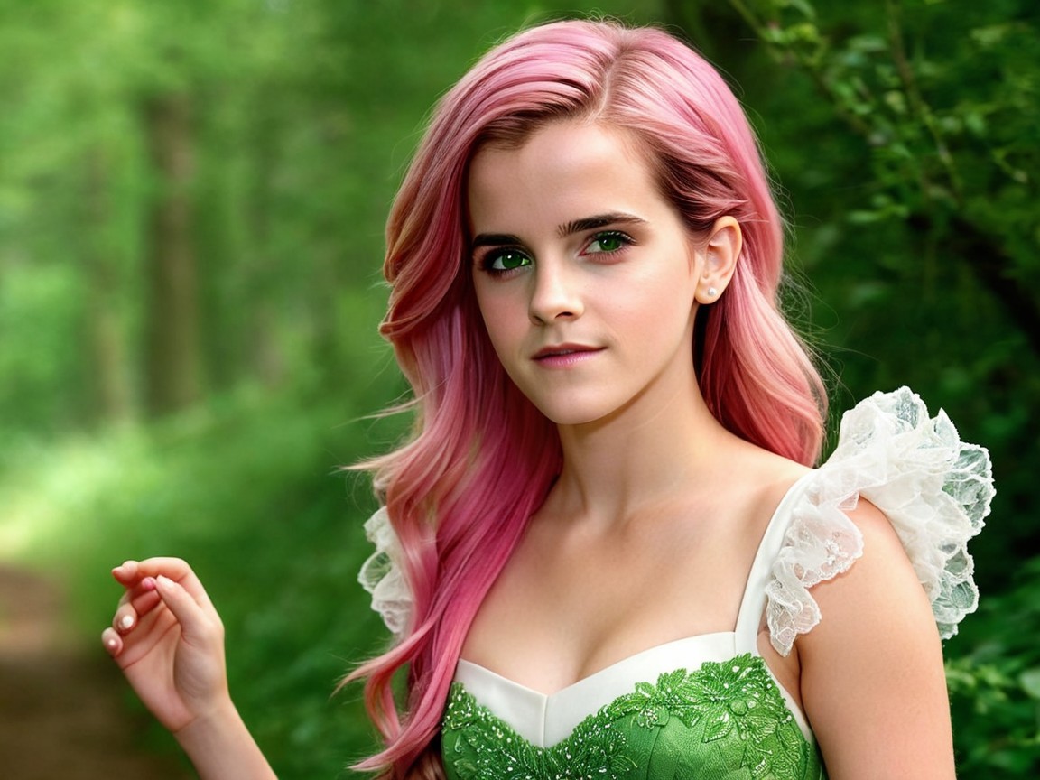 Young Woman in Green Dress in Enchanted Forest