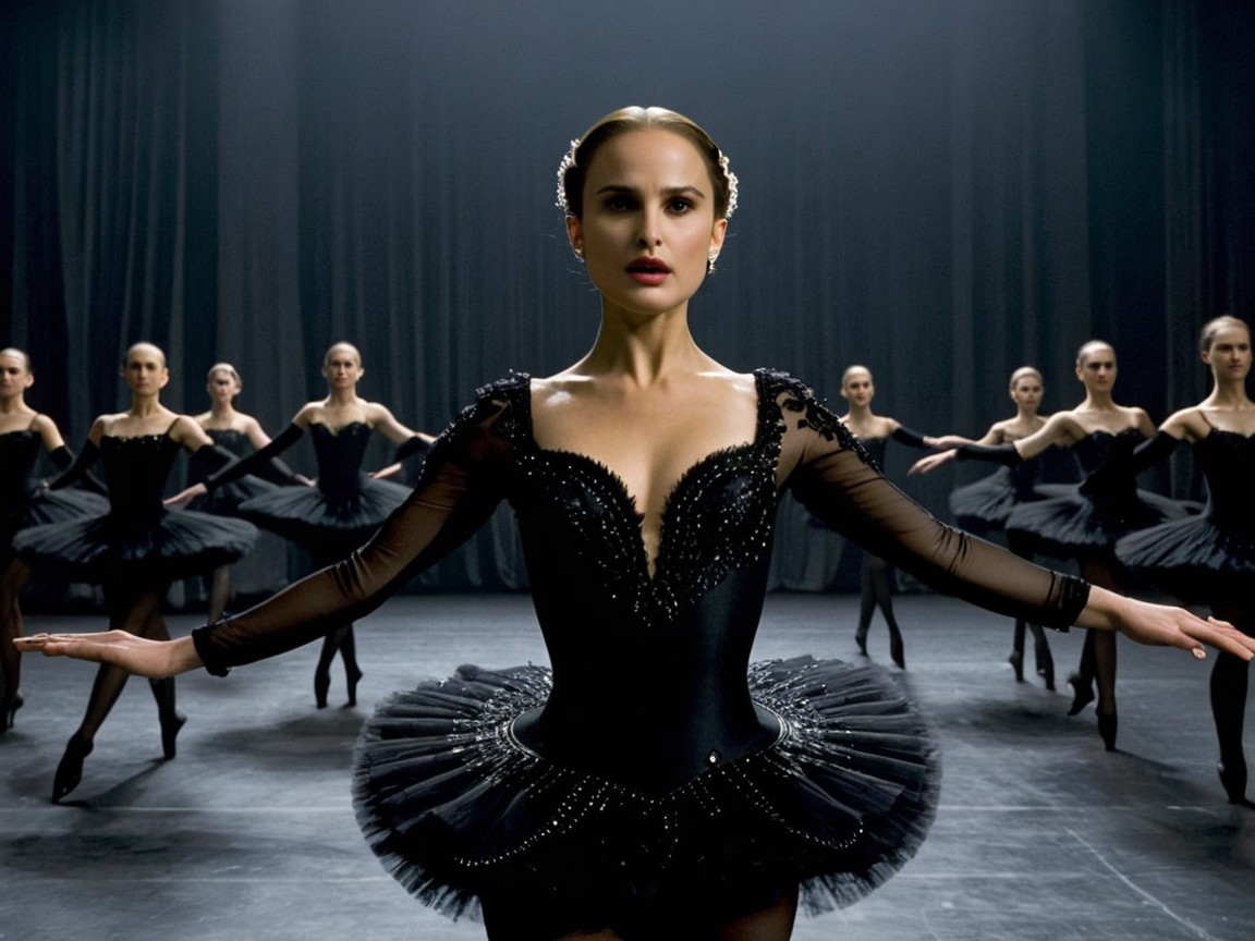 Ballerina in Black Tutu on Dimly Lit Stage