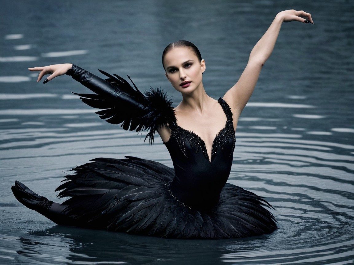 Ballerina in Black Costume Posing Gracefully in Water