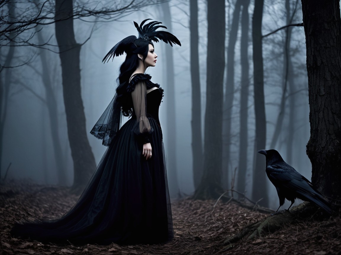 Misty Forest Scene with Woman in Black Gown