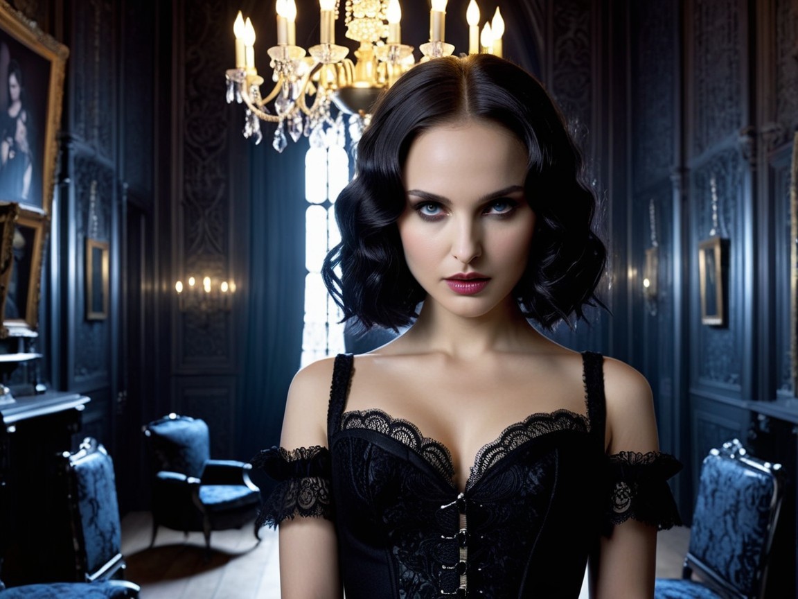 Elegant Woman in Opulent Room with Chandelier Light