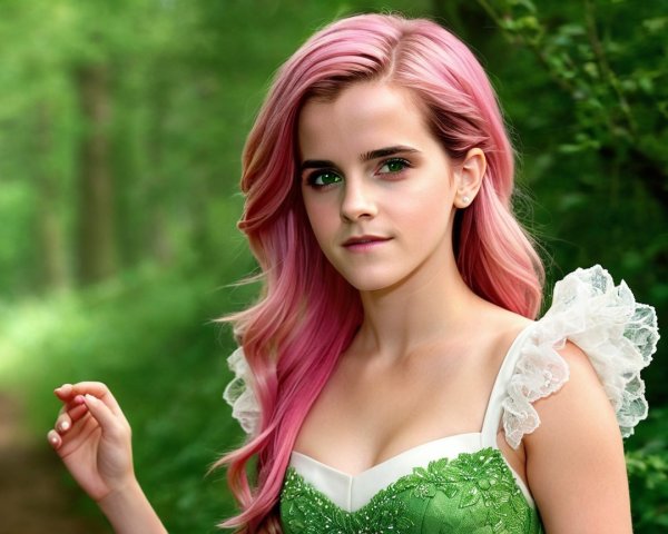 Young Woman in Green Dress in Enchanted Forest