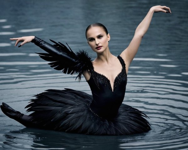 Ballerina in Black Costume Posing Gracefully in Water