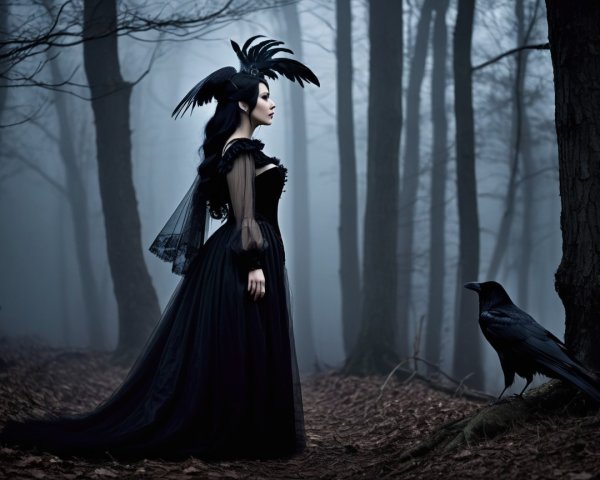 Misty Forest Scene with Woman in Black Gown