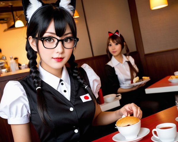 Cozy café scene with girls in playful outfits