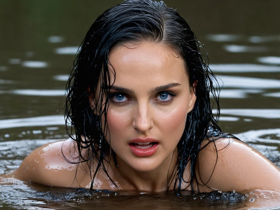 Close-up of a woman in water with intense blue eyes
