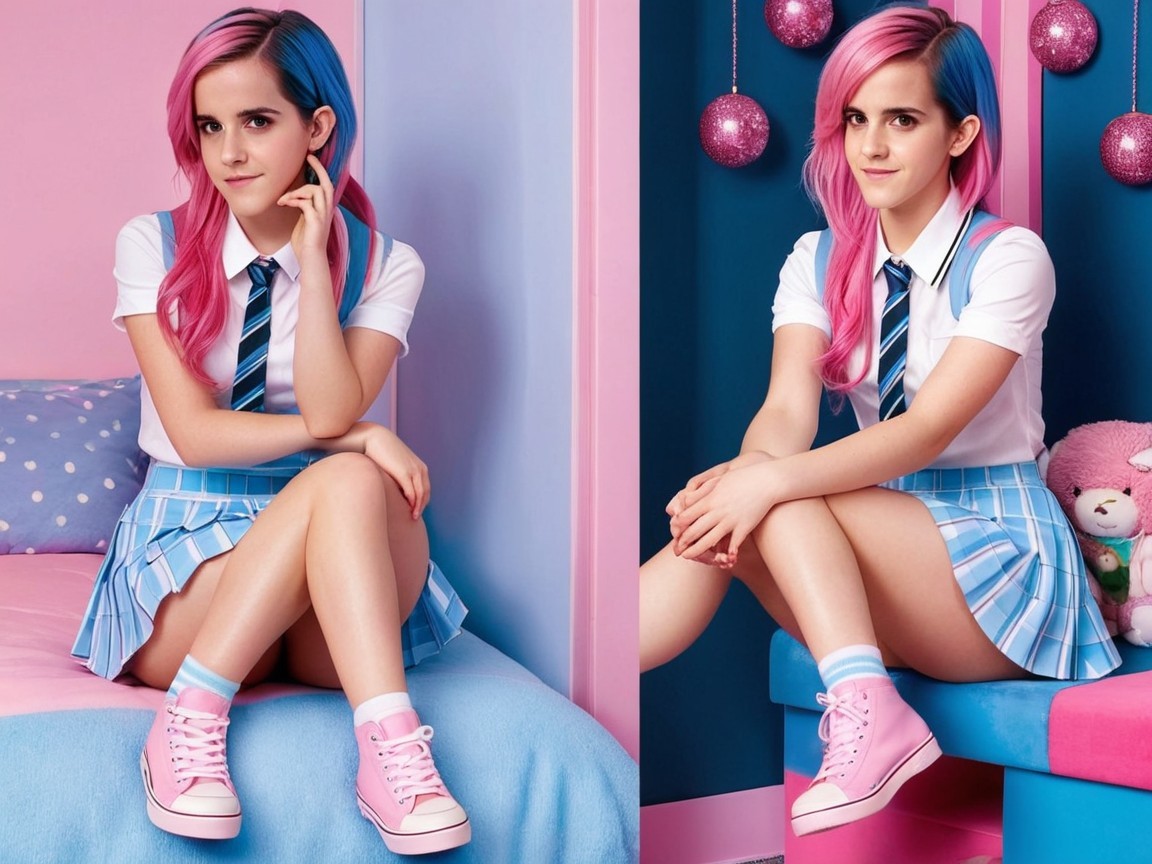 Young woman in pastel-themed playful outfit setting