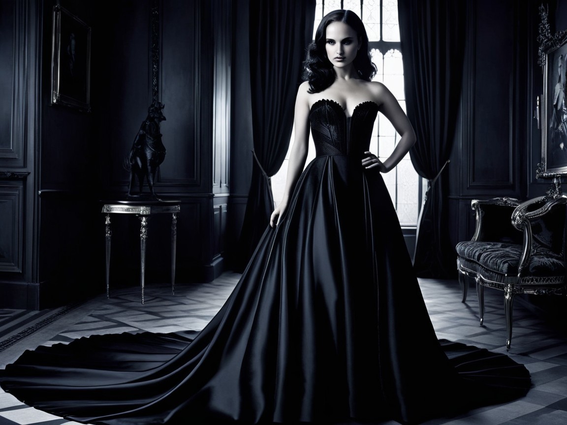 Elegant Black Gown in Lavish Dimly Lit Room