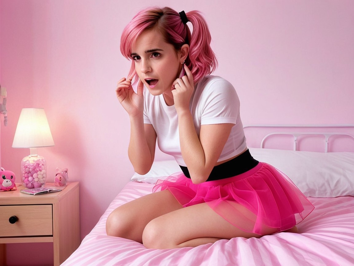 Young woman with pink hair in a whimsical room setting