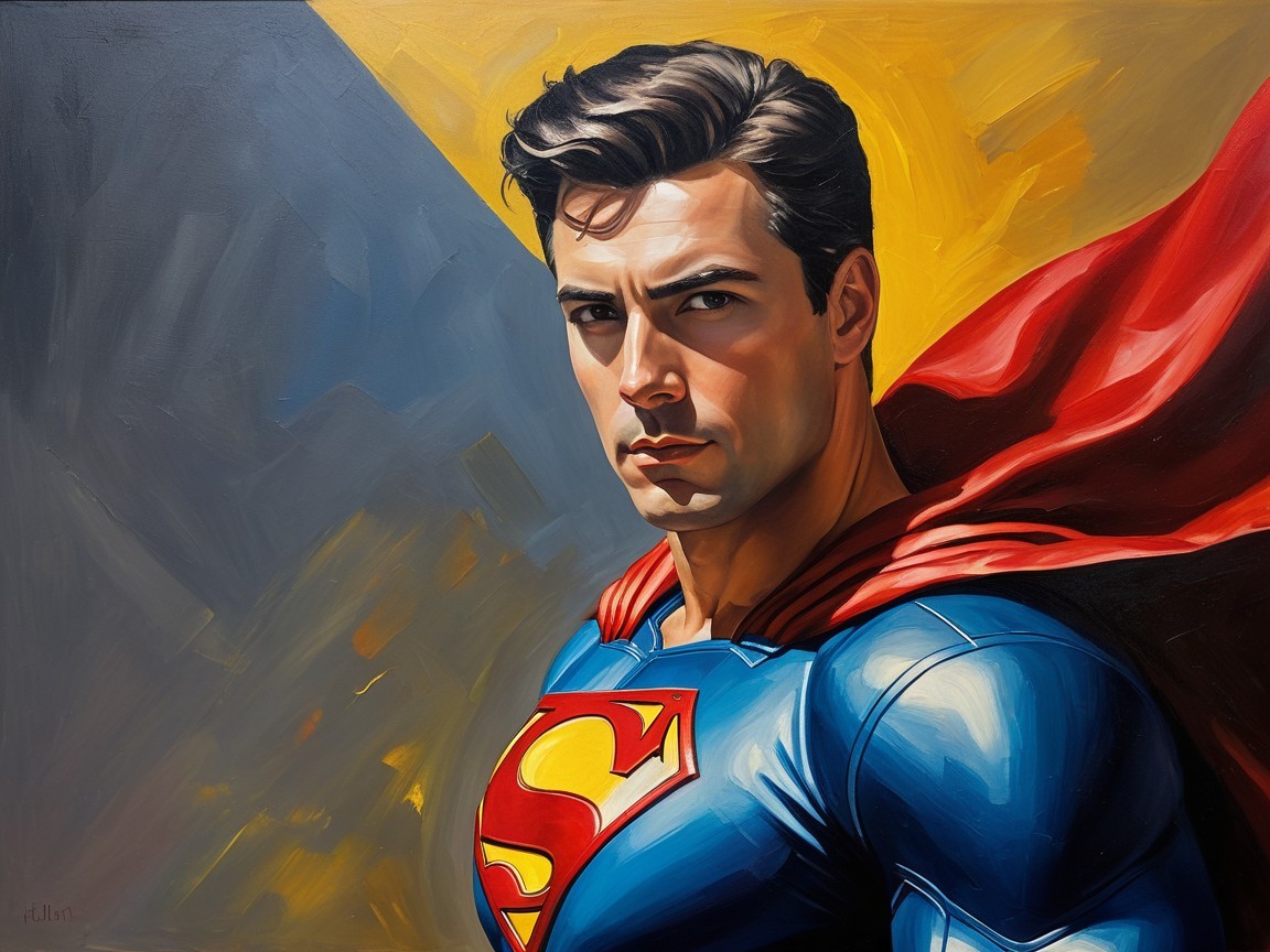 Heroic figure in blue suit with red cape and emblem