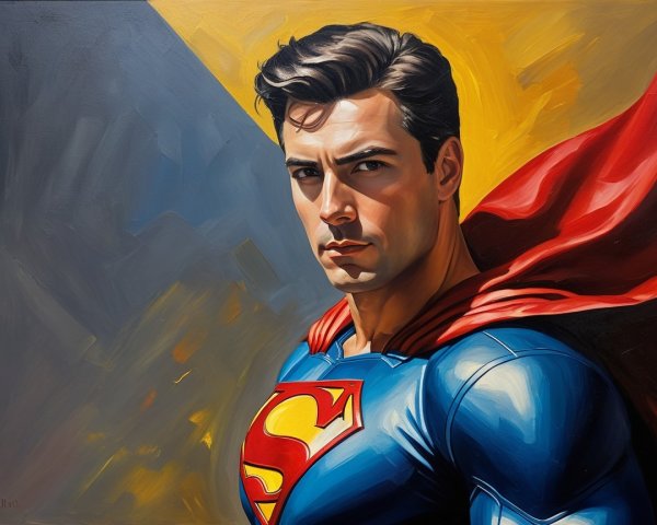 Heroic figure in blue suit with red cape and emblem