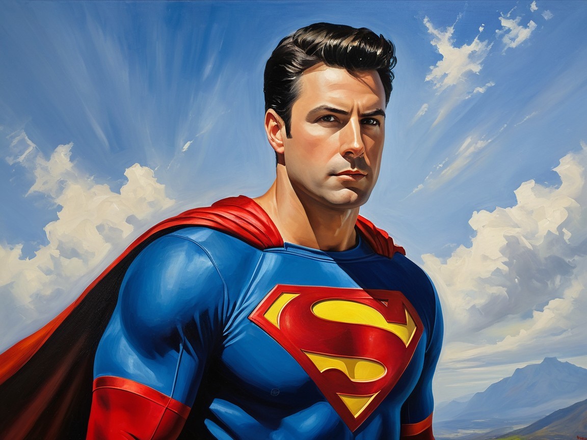 Heroic figure in blue suit with red cape and emblem
