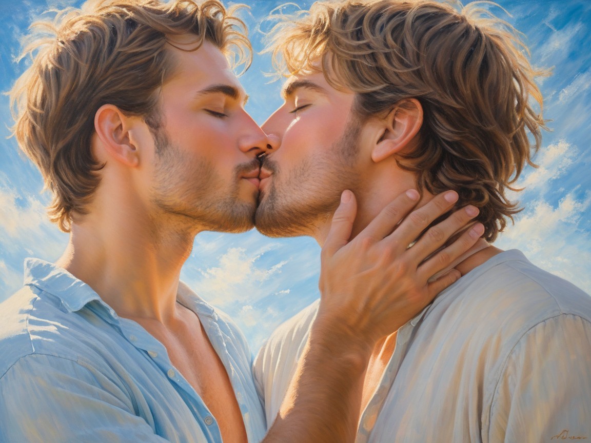 Tender Kiss Between Two Young Men Against Blue Sky