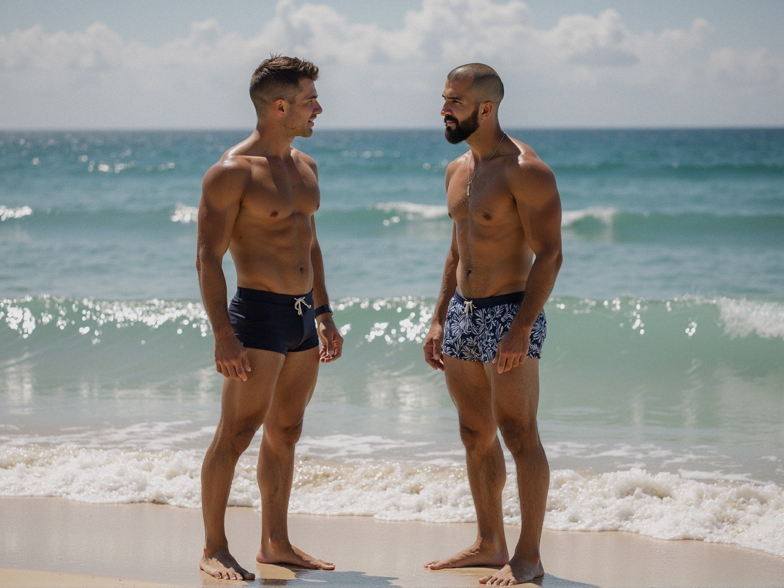 Fit Men Engaging in Conversation on Sandy Beach