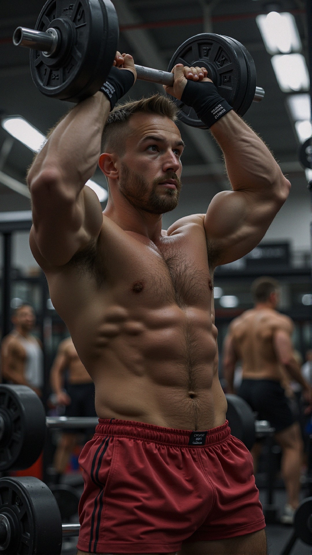 Muscular Man Performing Overhead Dumbbell Press in Gym