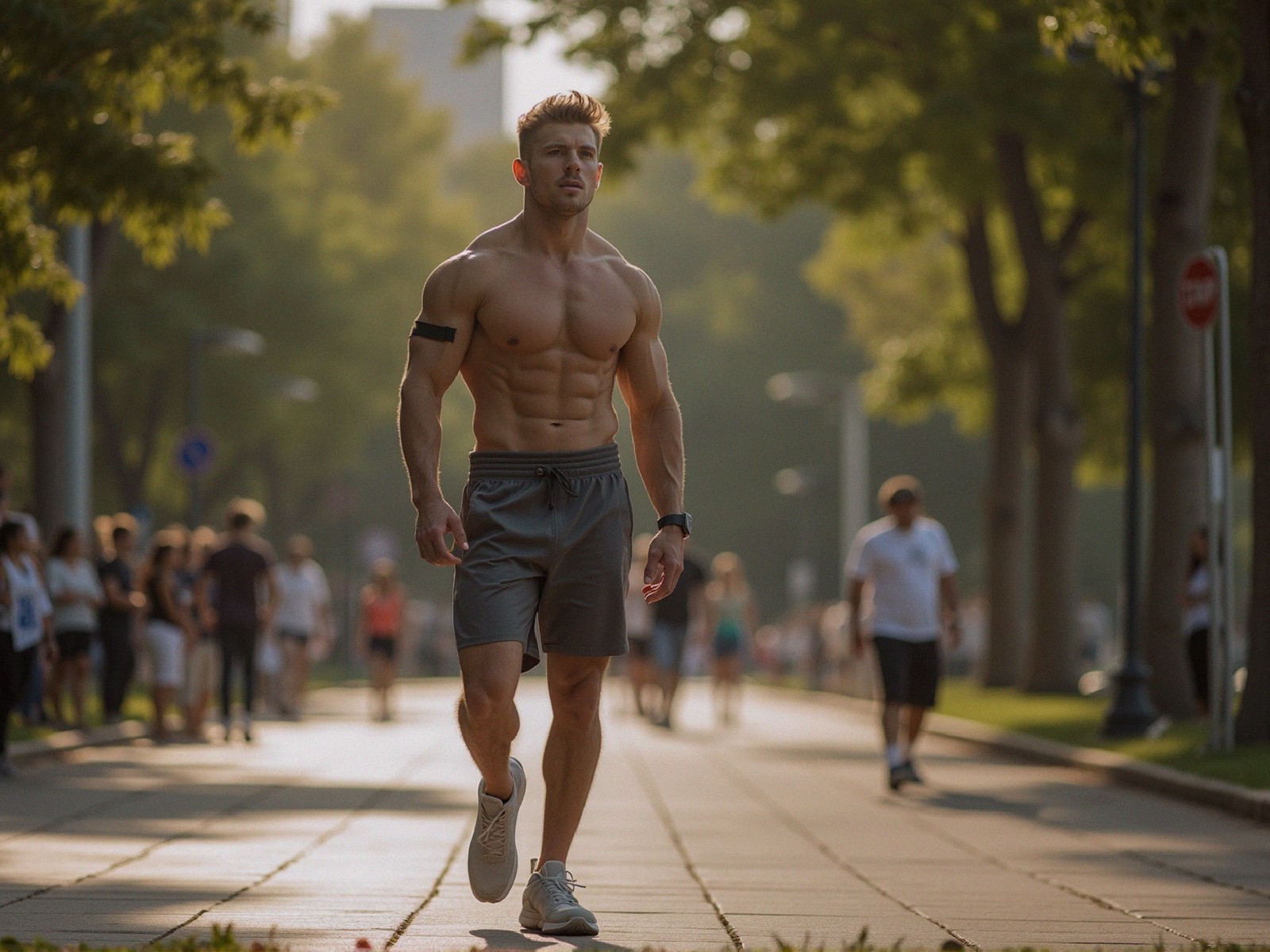 Athletic Male Model in a Park Setting with Greenery