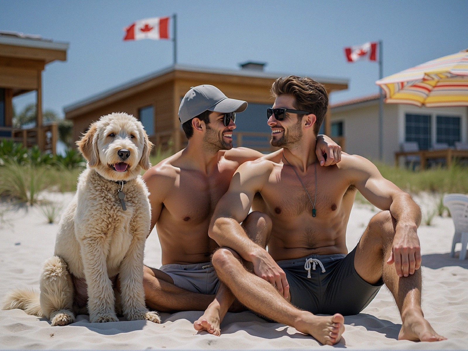 Young men and dog enjoy sunny beach day scene