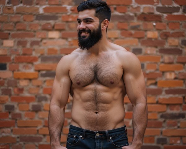 Muscular Man Posing Against Rustic Brick Wall