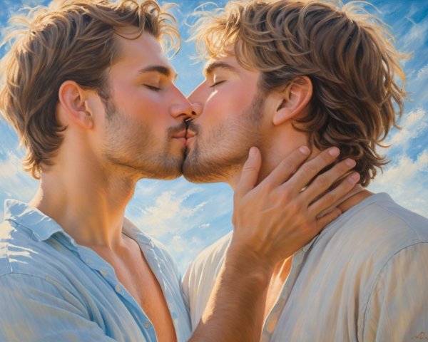 Tender Kiss Between Two Young Men Against Blue Sky