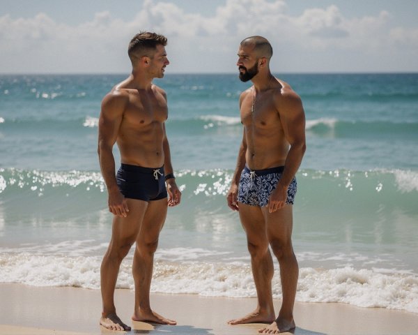 Fit Men Engaging in Conversation on Sandy Beach