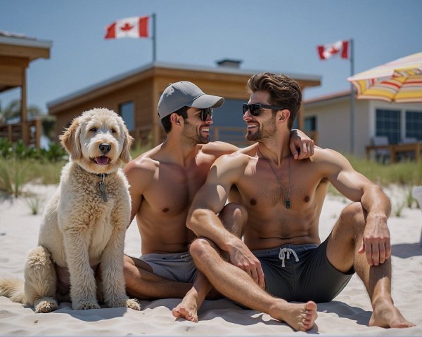 Young men and dog enjoy sunny beach day scene