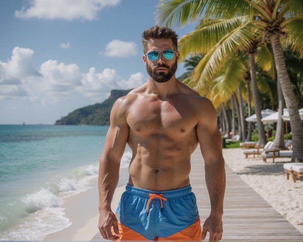 Muscular Man on Tropical Beach with Clear Blue Water
