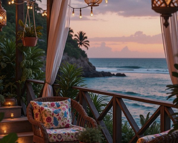 Cozy Outdoor Space with Woven Chairs and Sunset View