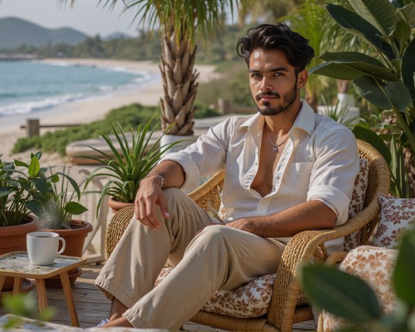 Young man in woven chair amid tropical greenery