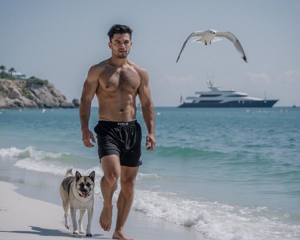 Fit man walking on sandy beach with dog and yacht