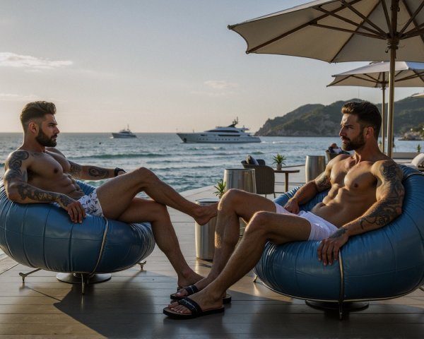 Muscular Men Relaxing on Blue Bean Bags by the Beach