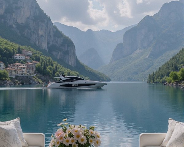 Stylish Living Room with Lake and Mountain View