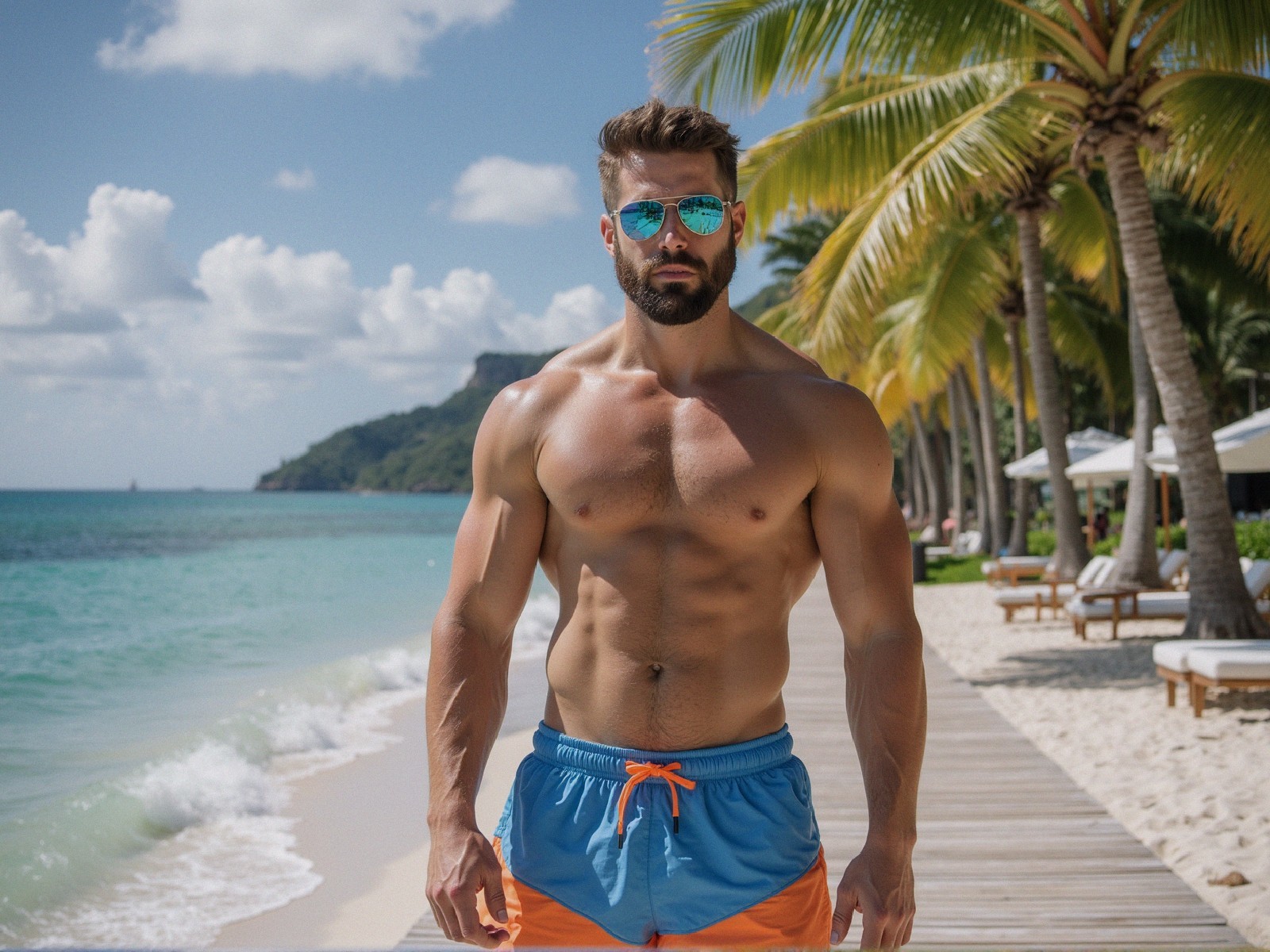 Muscular Man on Tropical Beach with Clear Blue Water