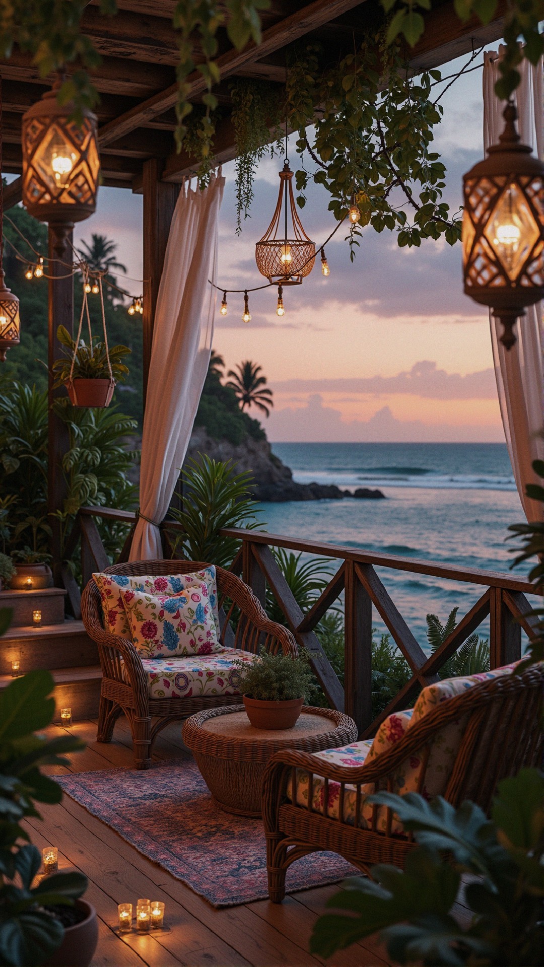 Cozy Outdoor Space with Woven Chairs and Sunset View