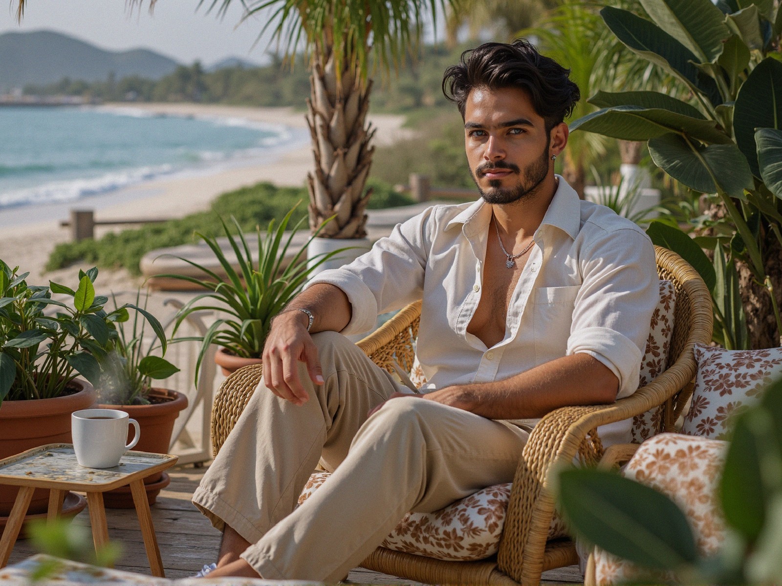 Young man in woven chair amid tropical greenery