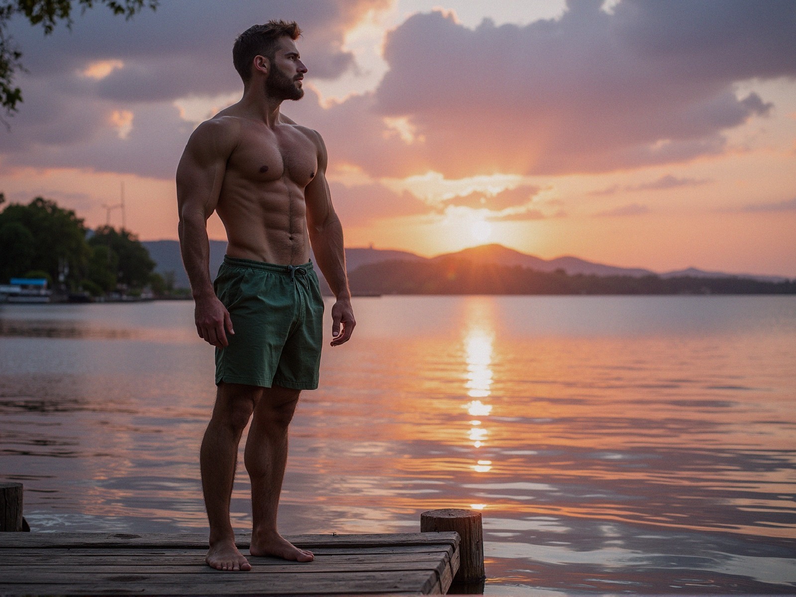 Muscular Man on Dock by Tranquil Lake at Sunset