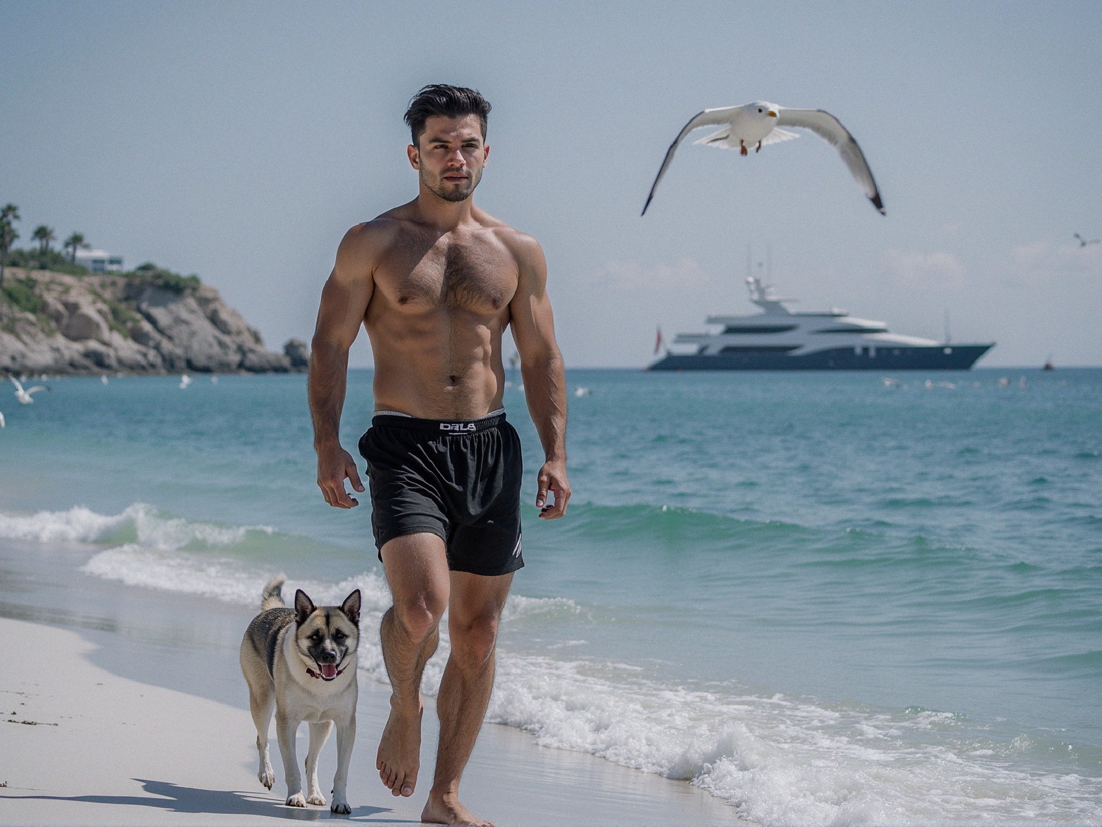 Fit man walking on sandy beach with dog and yacht