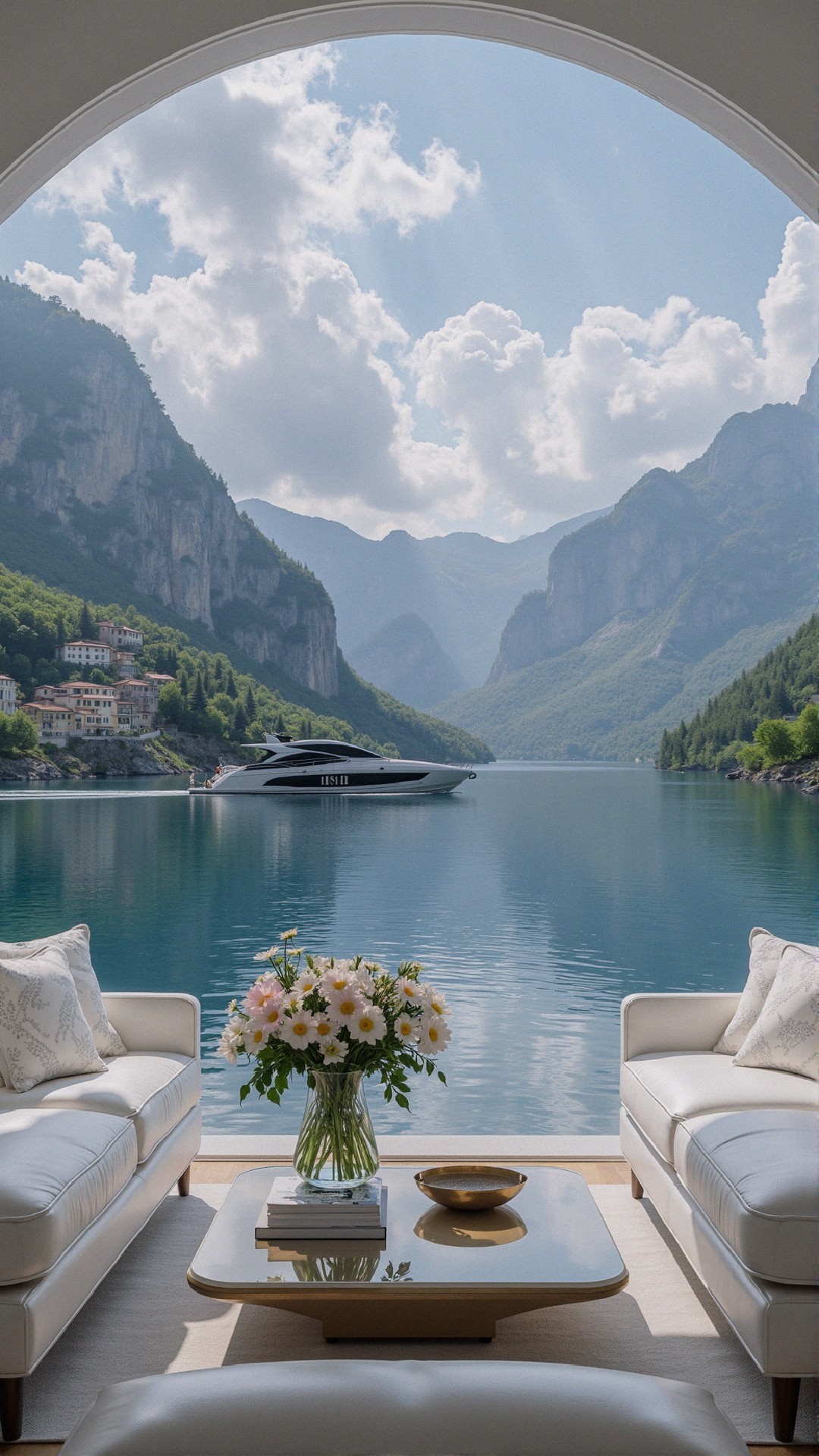 Stylish Living Room with Lake and Mountain View